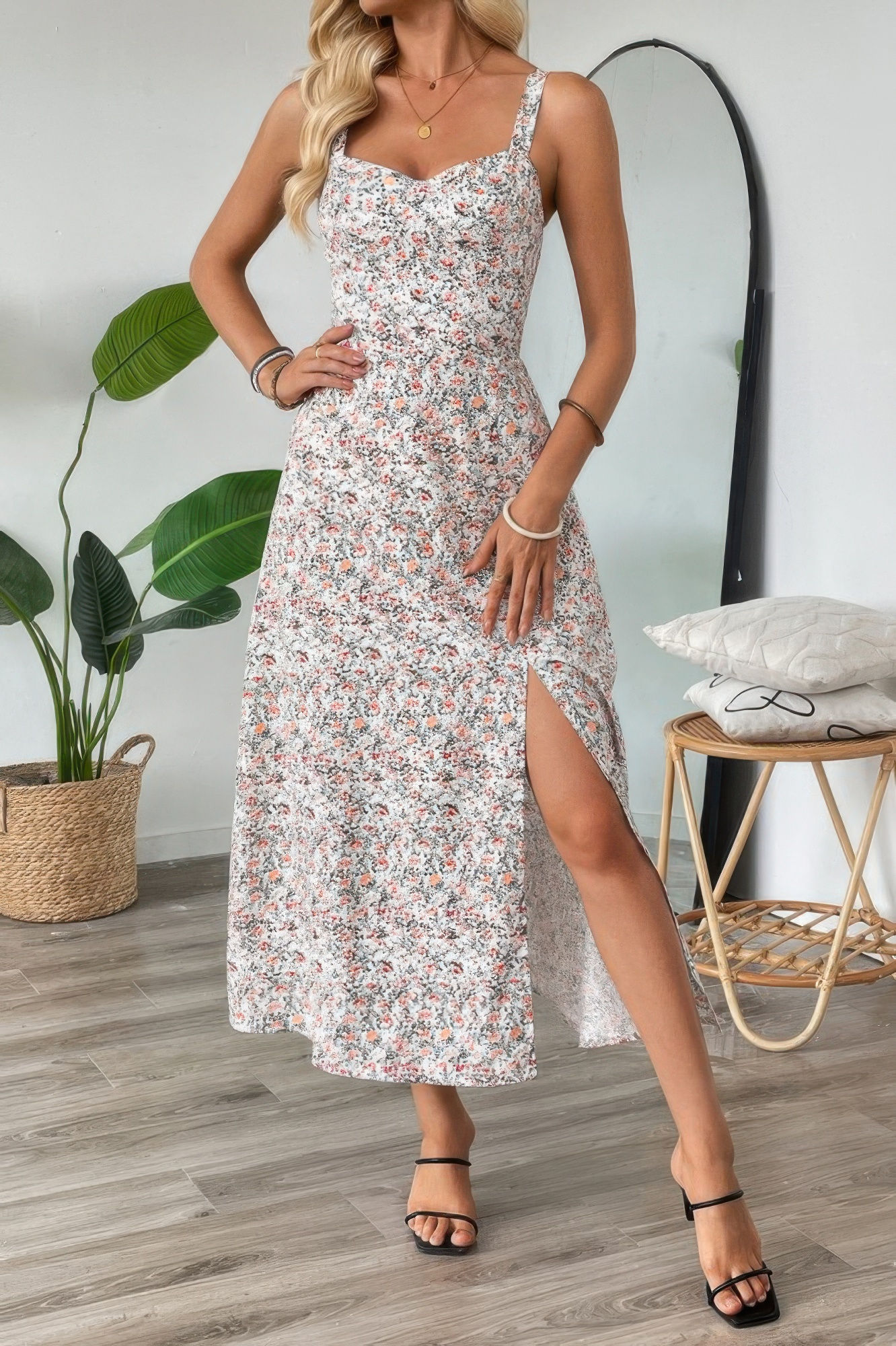 Straps Floral Print Split Hem Fit Long Dress