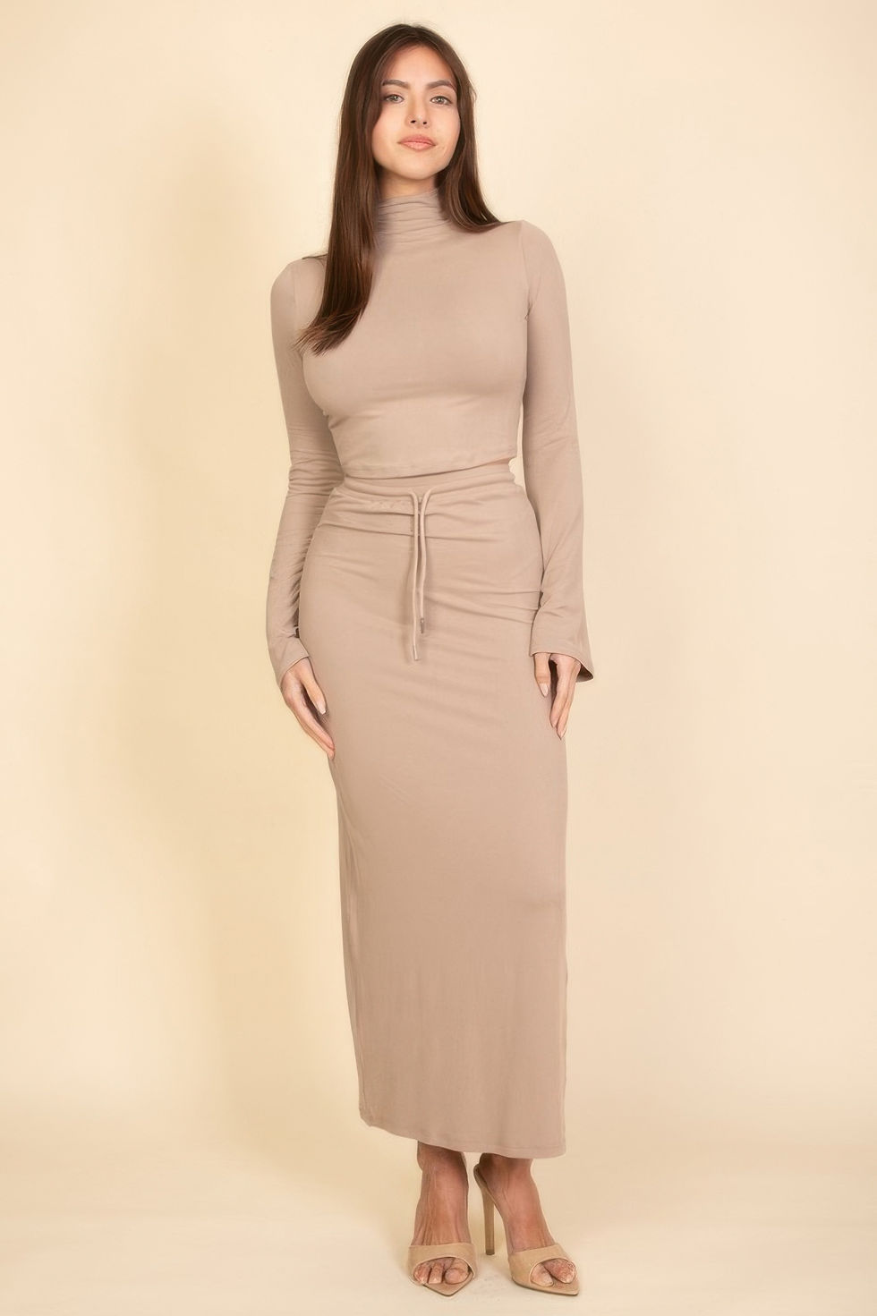 Thumbnail: Mock Neck Bell Sleeve Crop Top & Maxi Skirt Set