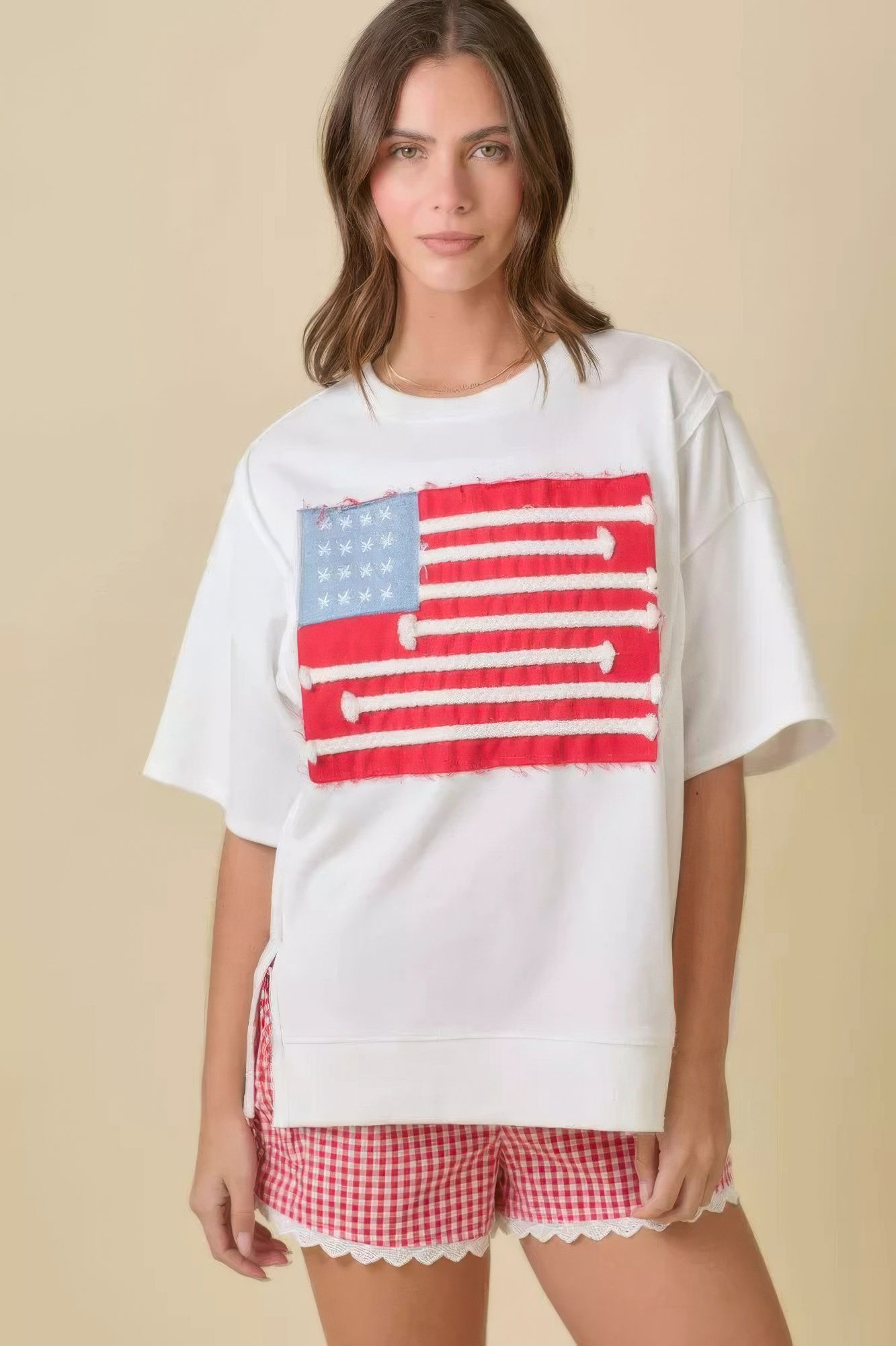 Boxy Wide Top With American Flag Patchwork          