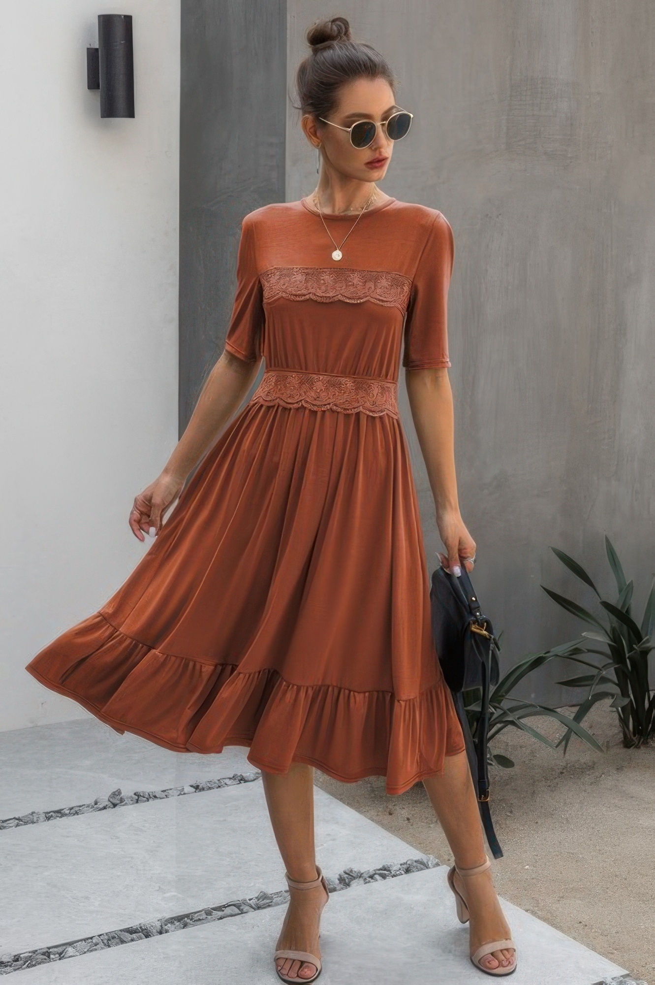 Ruffled Lace Midi Swing Dress