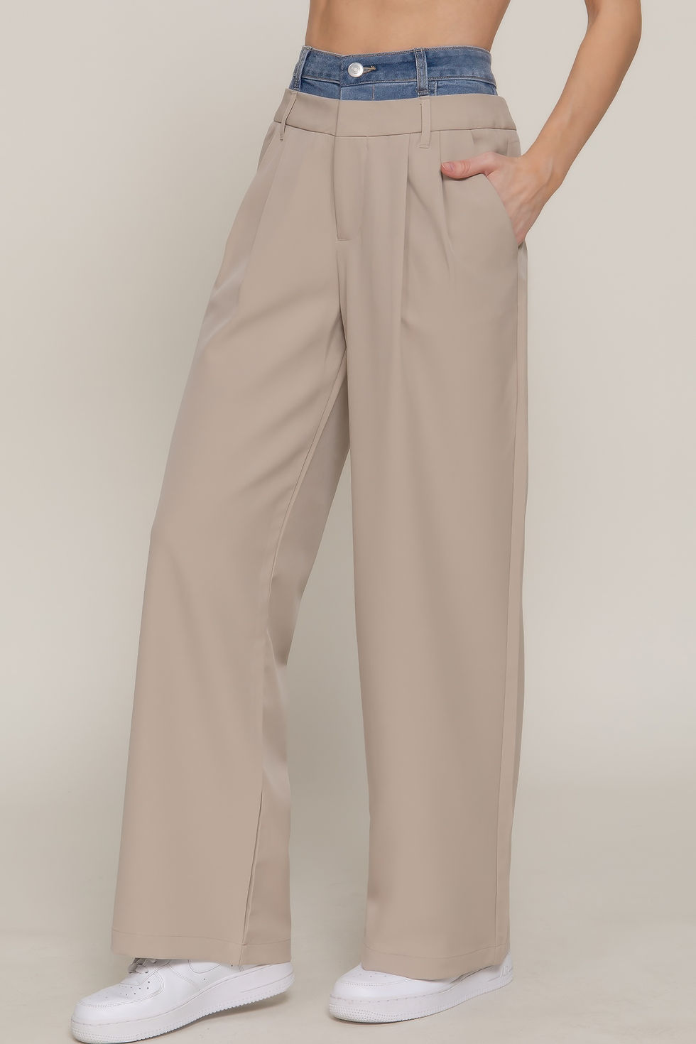 Thumbnail: Contrast Denim Waist Straight Long Pants       