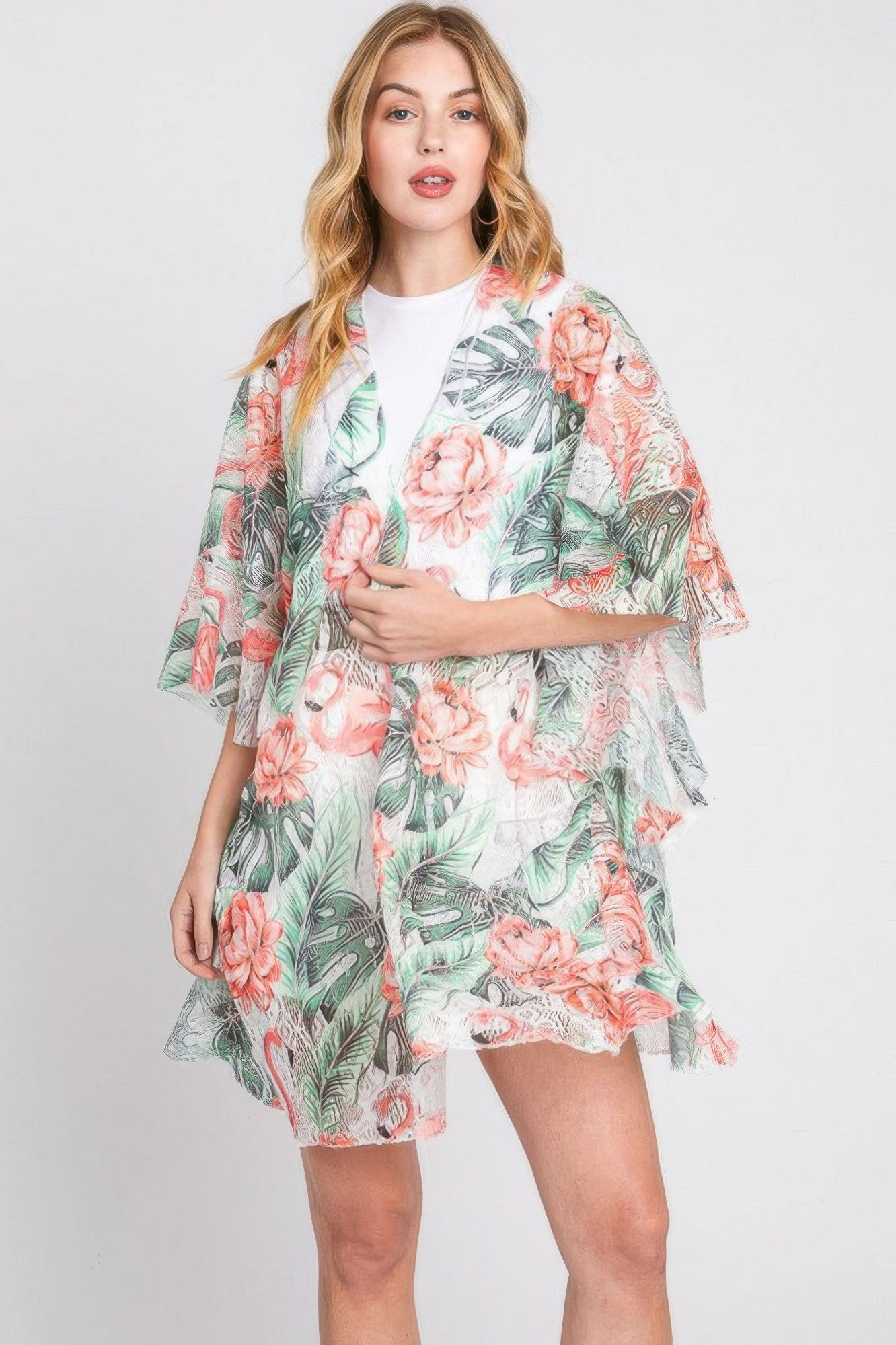 Ruffle Lined Tropical Flamingo Print Open Front
