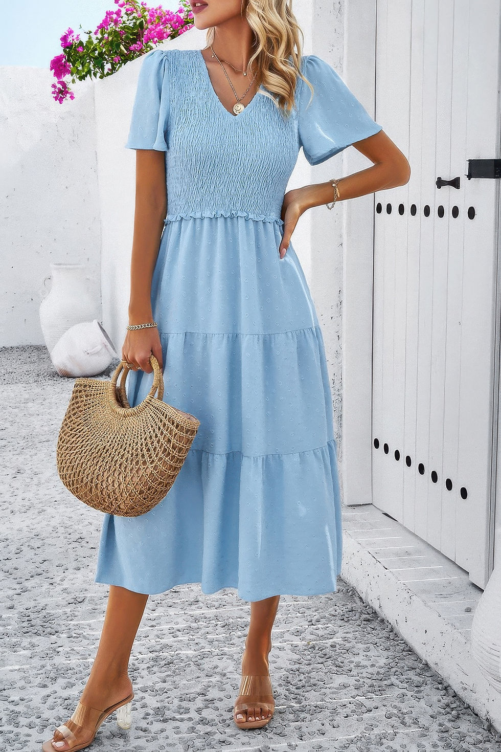 Thumbnail: Elegant Ruched V Neck Short Sleeve Pleated Dress