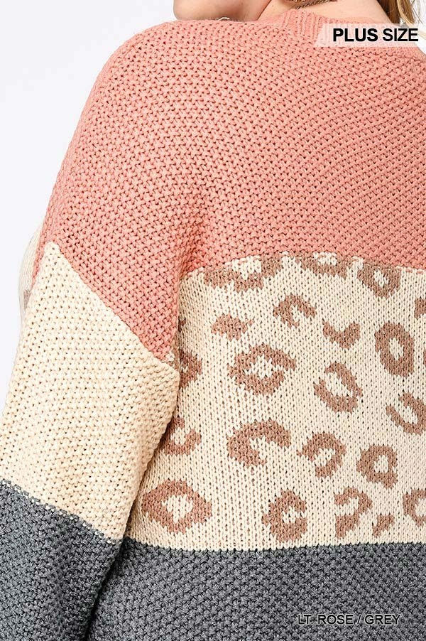 Thumbnail: Color Block And Leopard Pattern Mixed Pullover Sweater