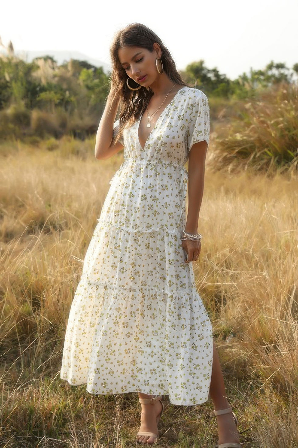 Thumbnail: Elegant Floral Ruffle Deep V Neck Slit Dress
