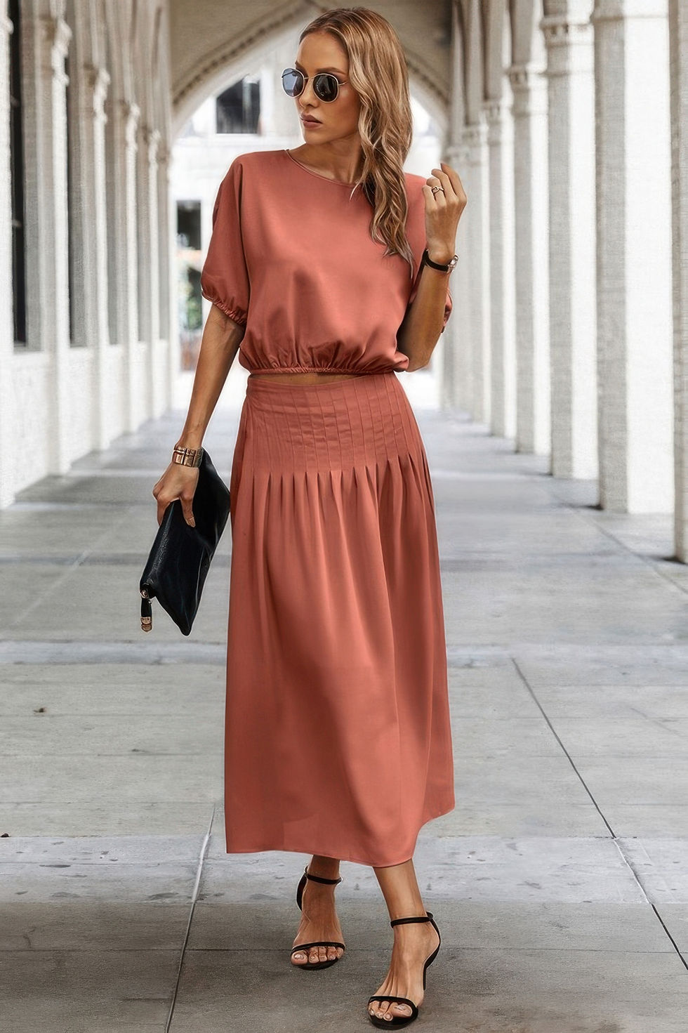 Thumbnail: Two Pieces Solid Color Loose Puff Sleeve Pleated Shirt