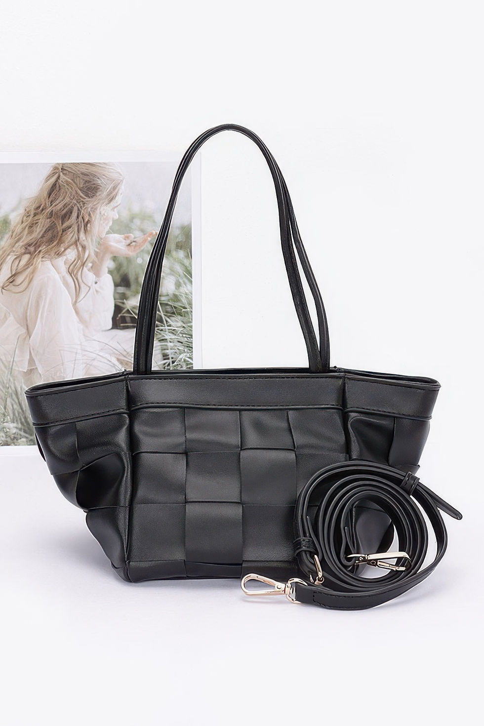 Thumbnail: Faux Leather Braided Tote Bag