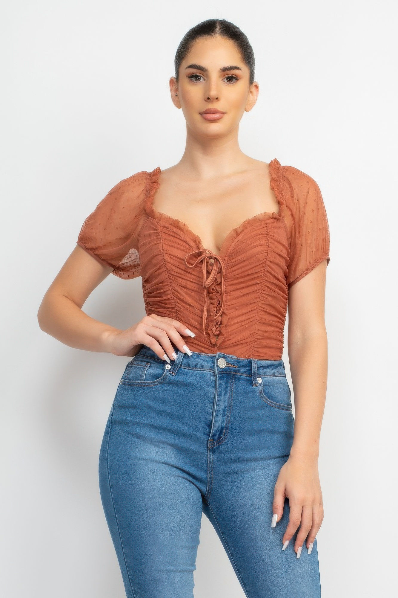 Shirred Mesh Sleeve Bodysuit