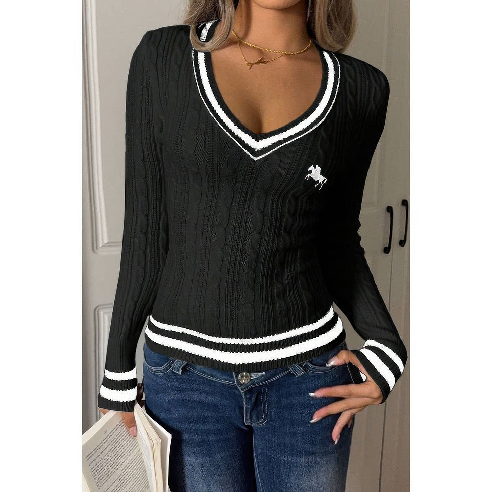 Thumbnail: V Neck Cable Knit Long Sleeve Fit Sweater
