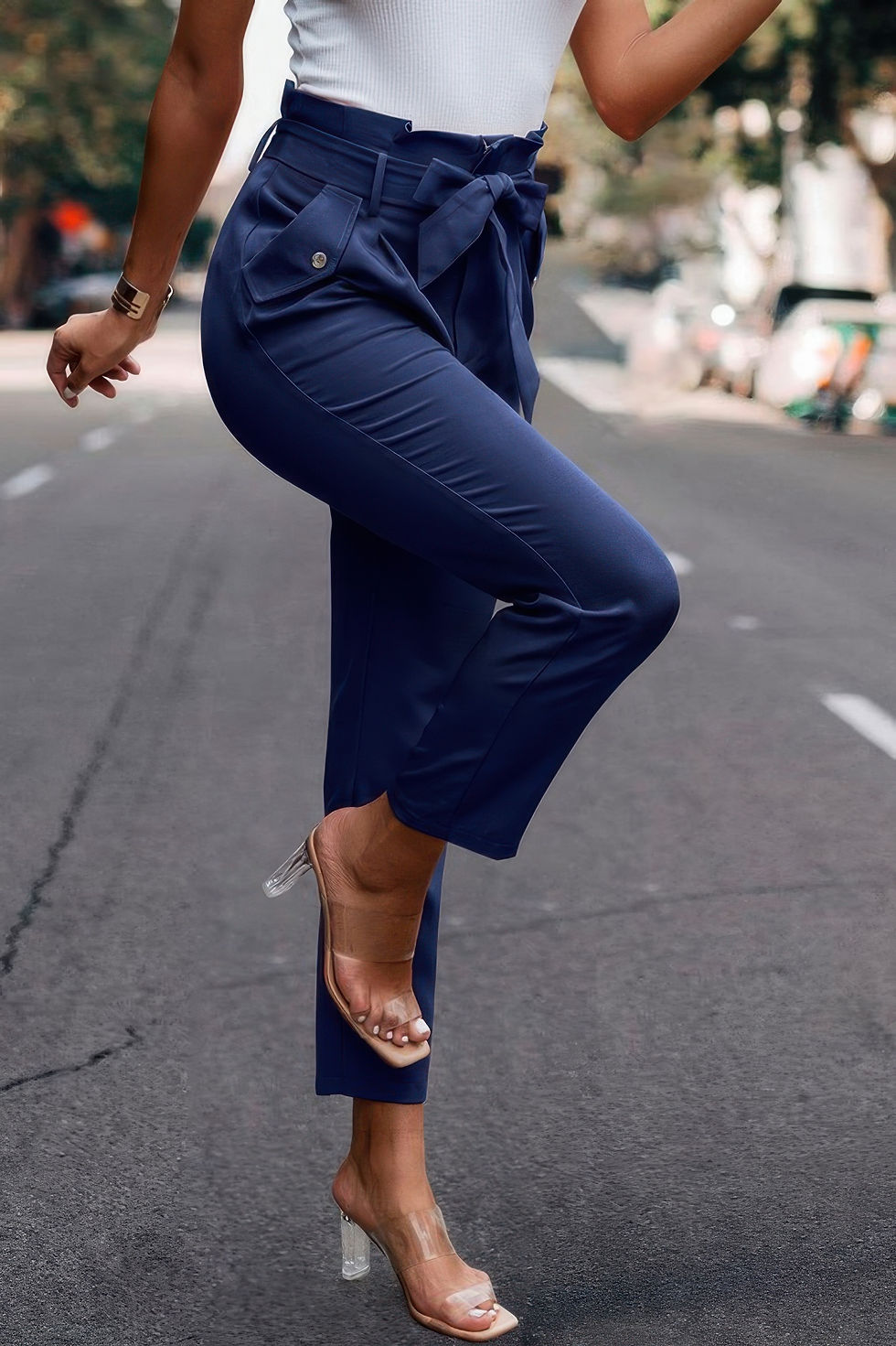 Thumbnail: Ruffle Belt Pocket Solid Skinny Pants