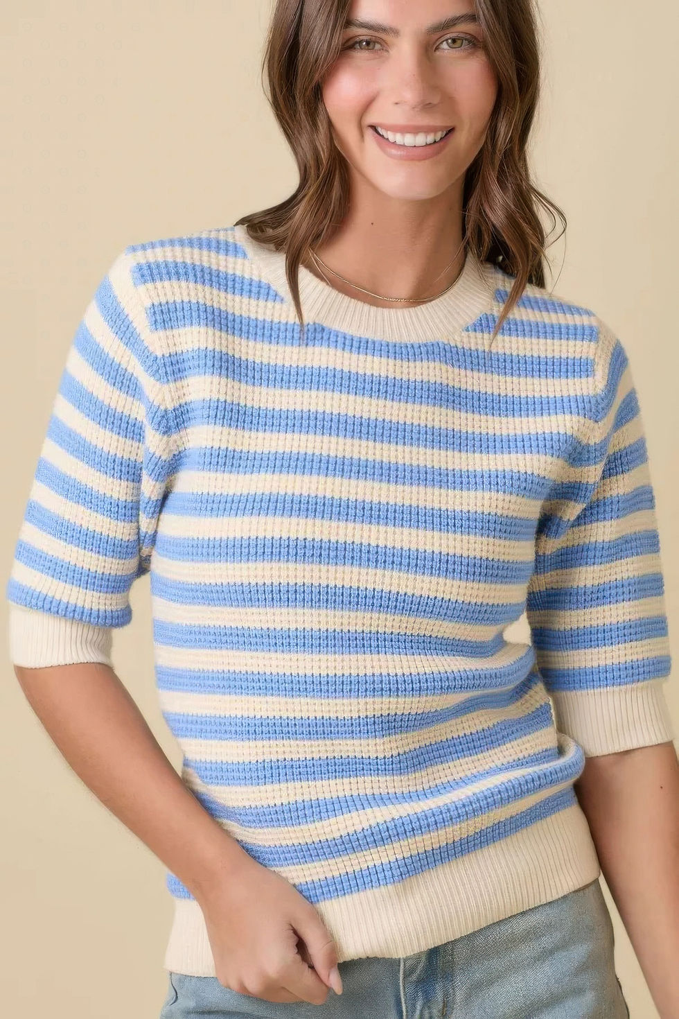 Thumbnail: Short Sleeve Sweater Knit Stripe Top