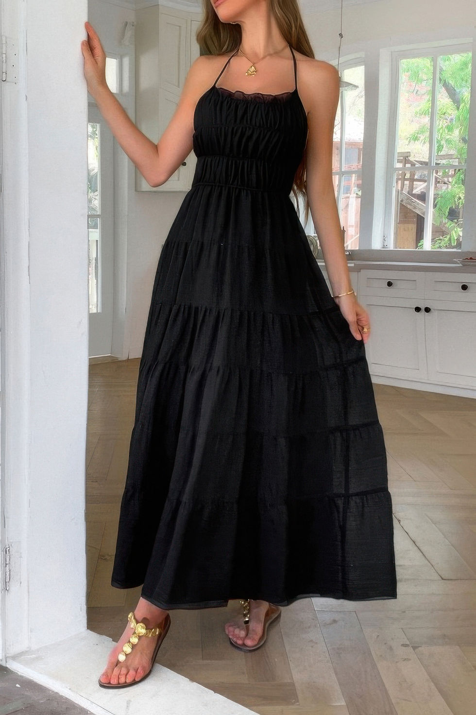 Thumbnail: Solid Halter Ruched Textured Tiered Full Dress