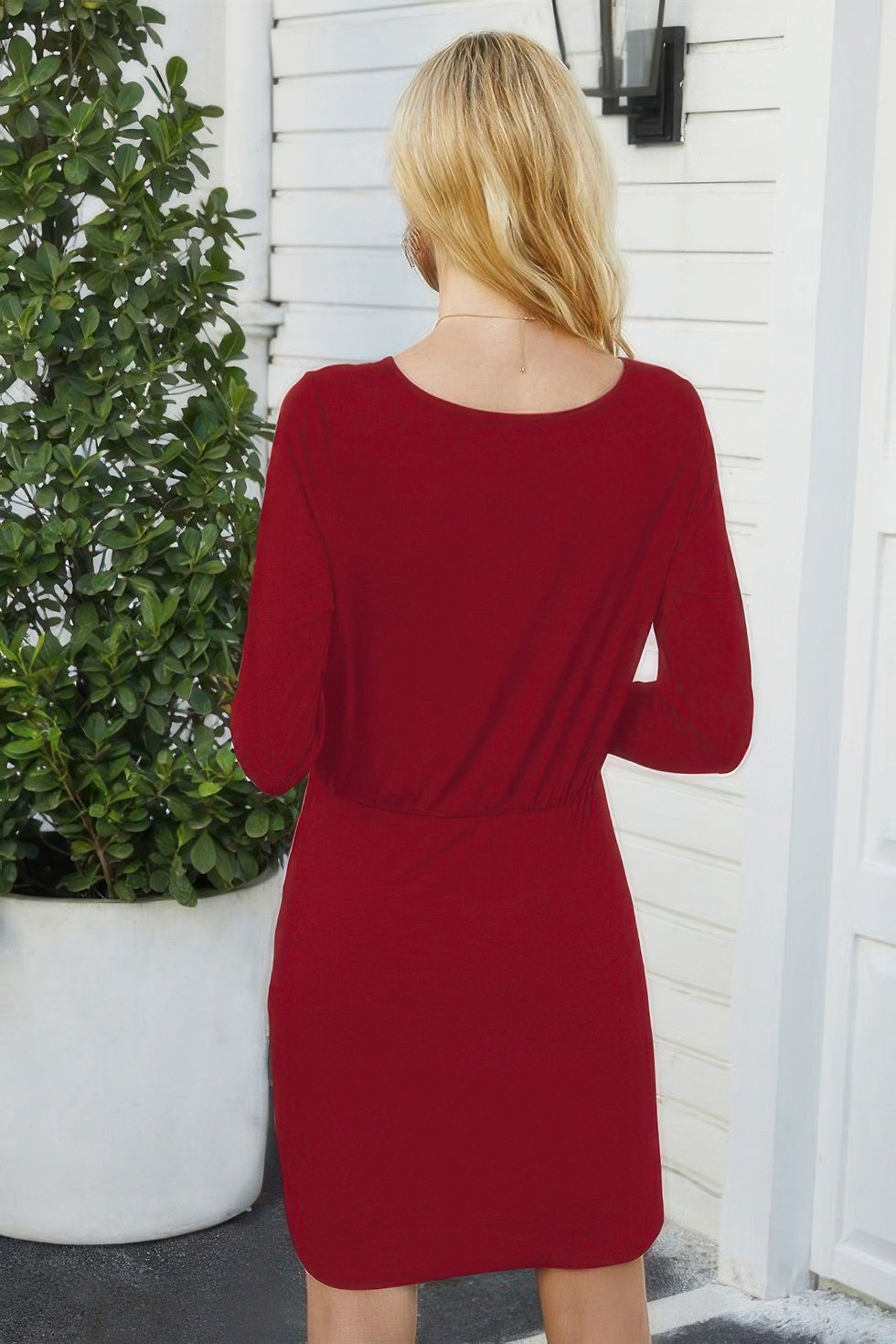 Thumbnail: Solid Crew Neck High Waist Drawstring Dress