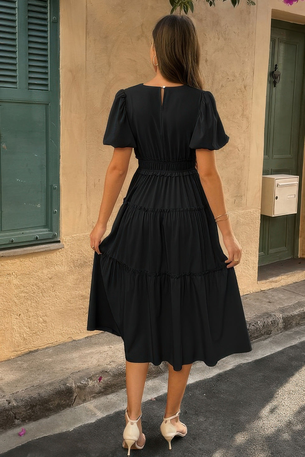 Thumbnail: Solid V Neck Puff Sleeve Elastic Waist Dress