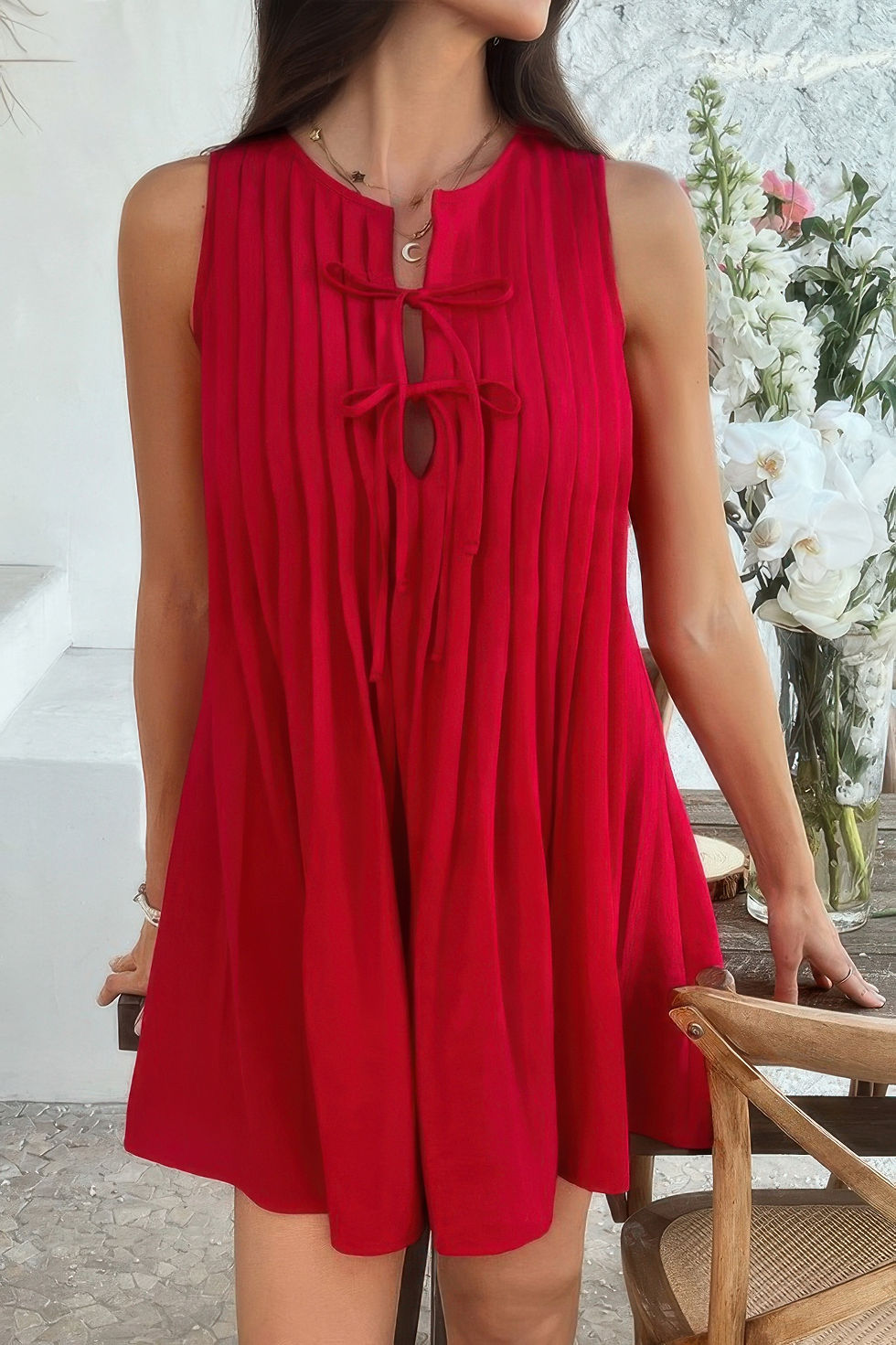 Thumbnail: Solid Tie Knot Pleated Sleeveless Mini Dress