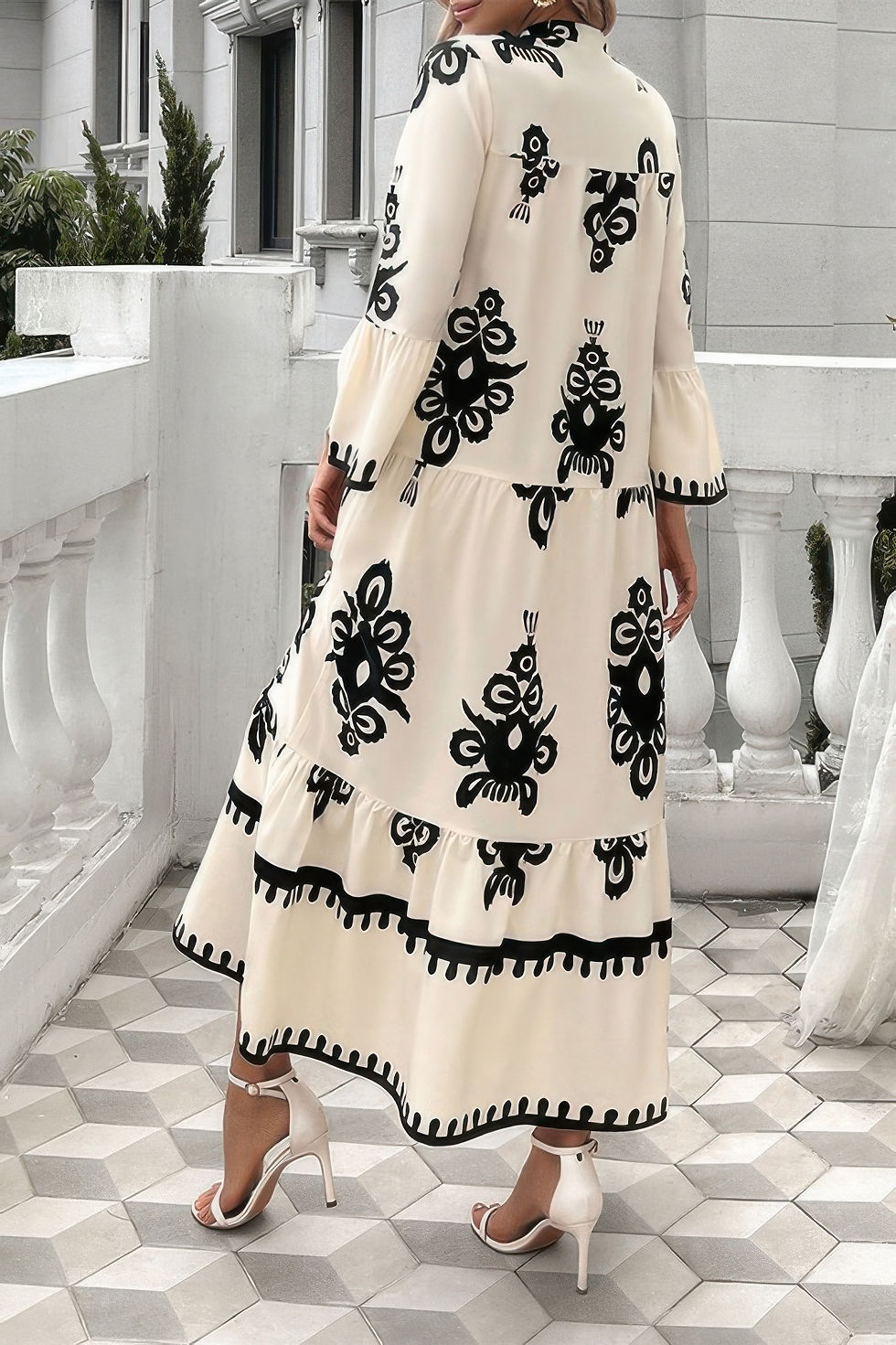 Thumbnail: V Neck Stand Collar Button Floral Splicing Dress