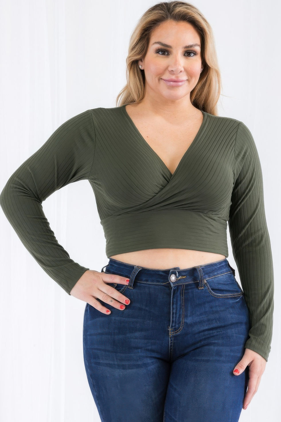 Thumbnail: Plus Size Ribbed Wrap Front Long Sleeve Top