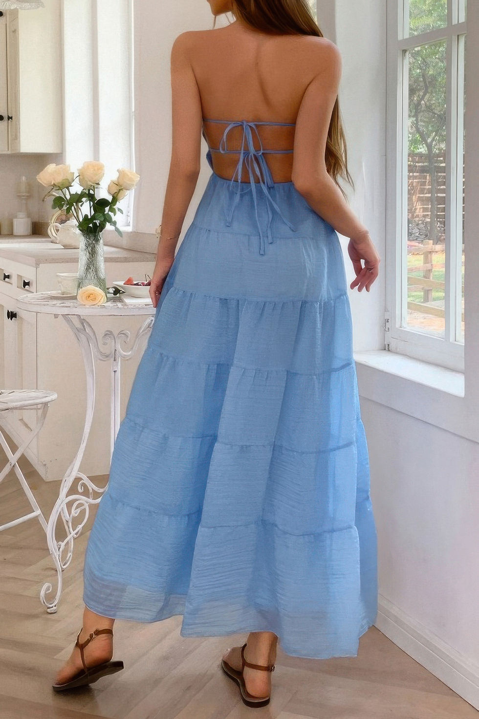 Thumbnail: Solid Halter Ruched Textured Tiered Full Dress