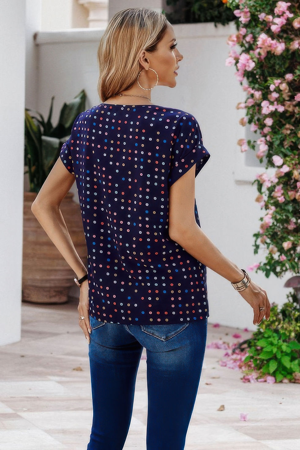 Thumbnail: Scoop Neck Polka Dot Batwing Sleeve Blouse