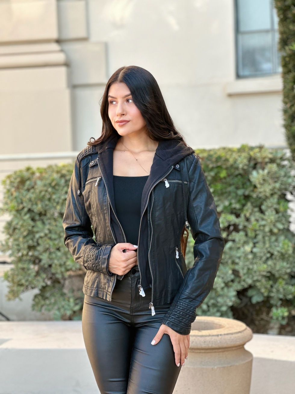 Thumbnail: Woman Fashion Hooded Faux Leather Jacket