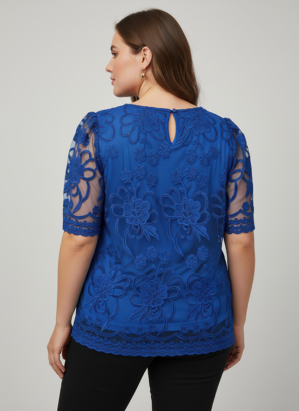 Thumbnail: Embroidered Lace Overlay Short Sleeve Top