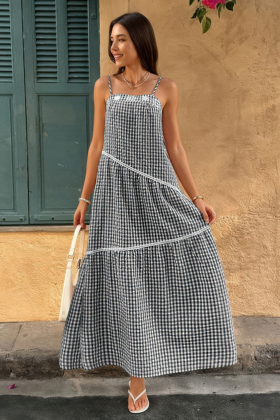 Thumbnail: Suspenders Plaid Color Block A Line Dress