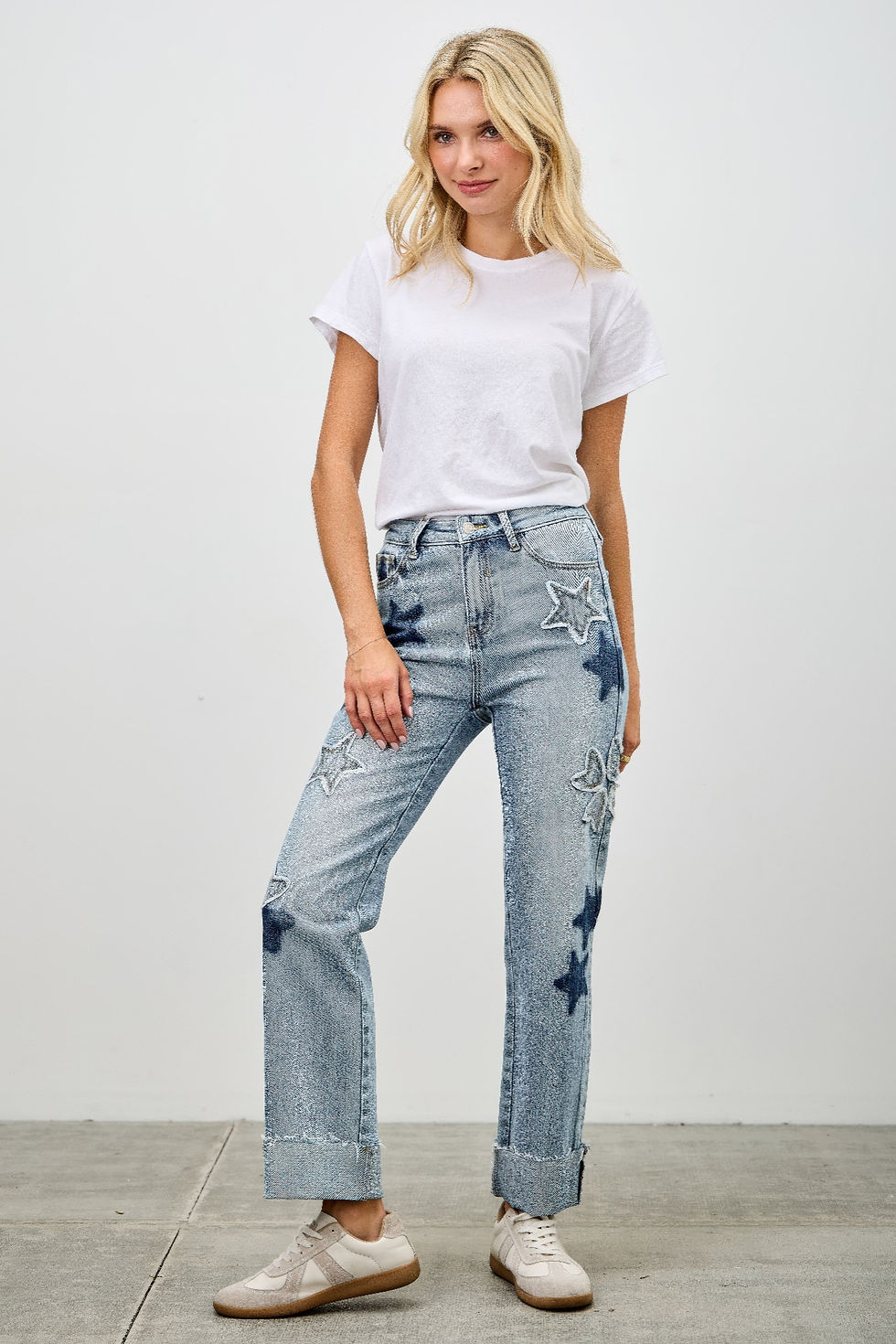 Thumbnail: High Rise Star & Heart Patched Dad Jean W/stretch