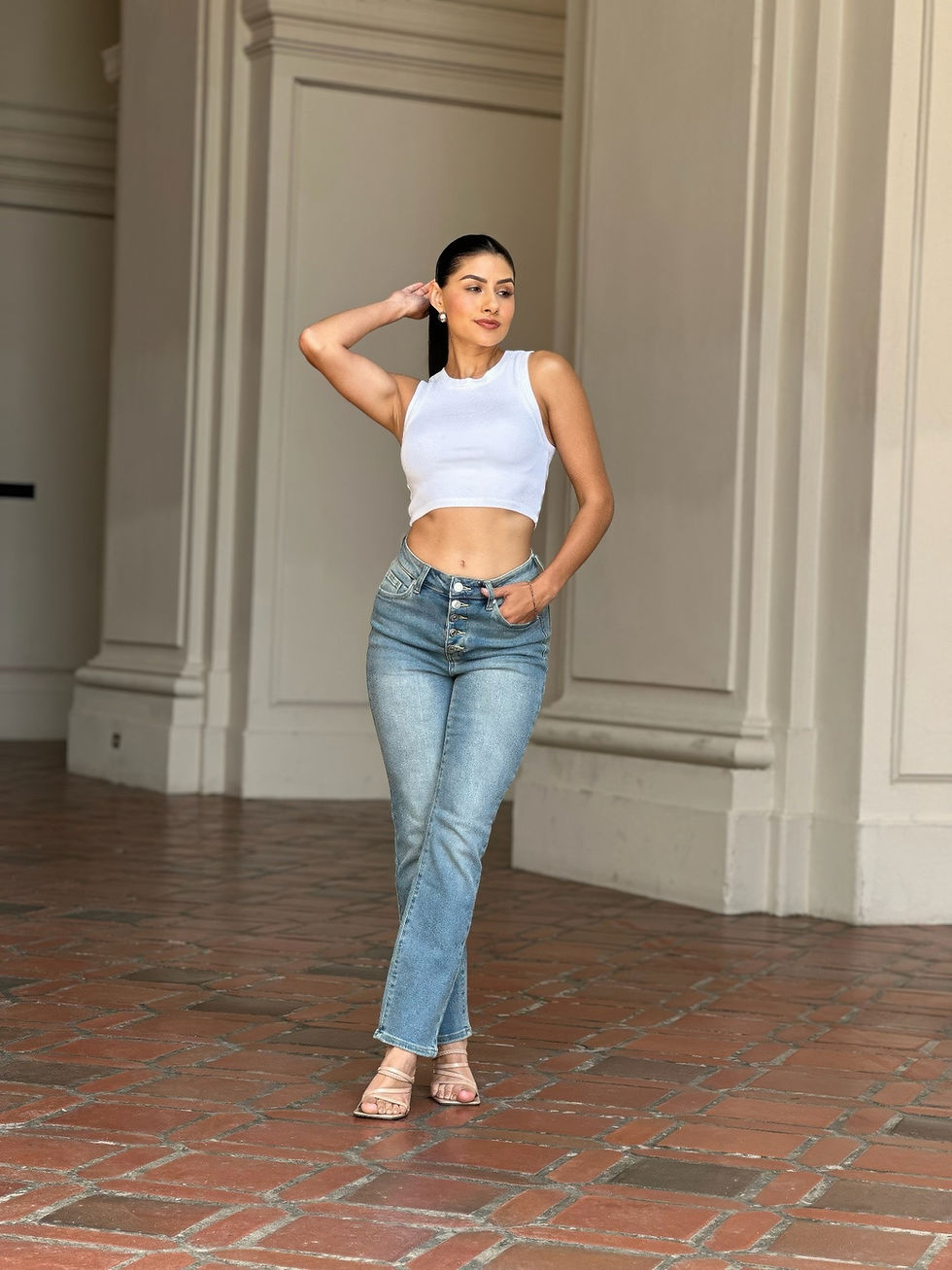 Thumbnail: High Rise Cigarette Button Fly Straight Denim Jean