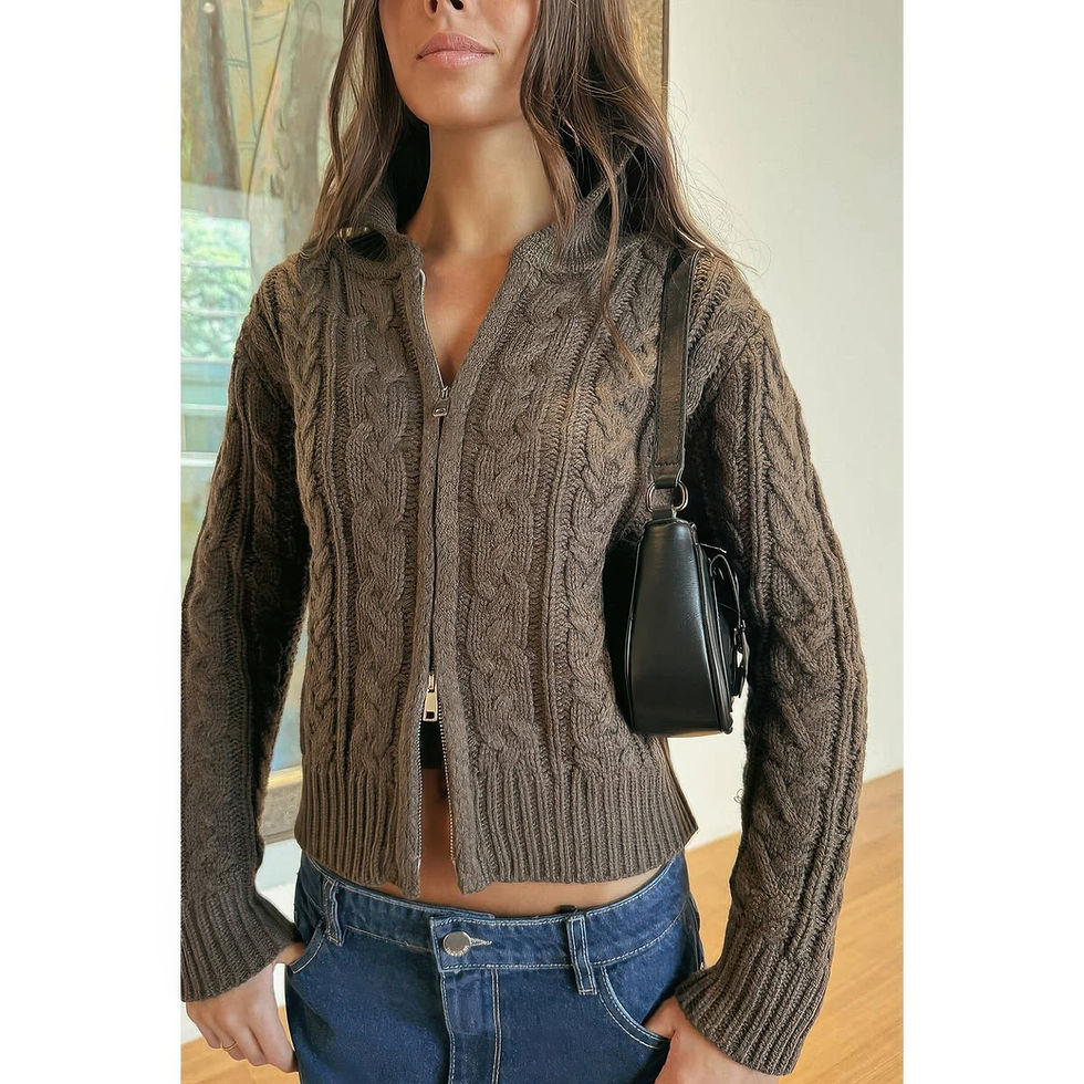 Thumbnail: Solid Cable Knit Drop Shoulder Zipper Cardigan
