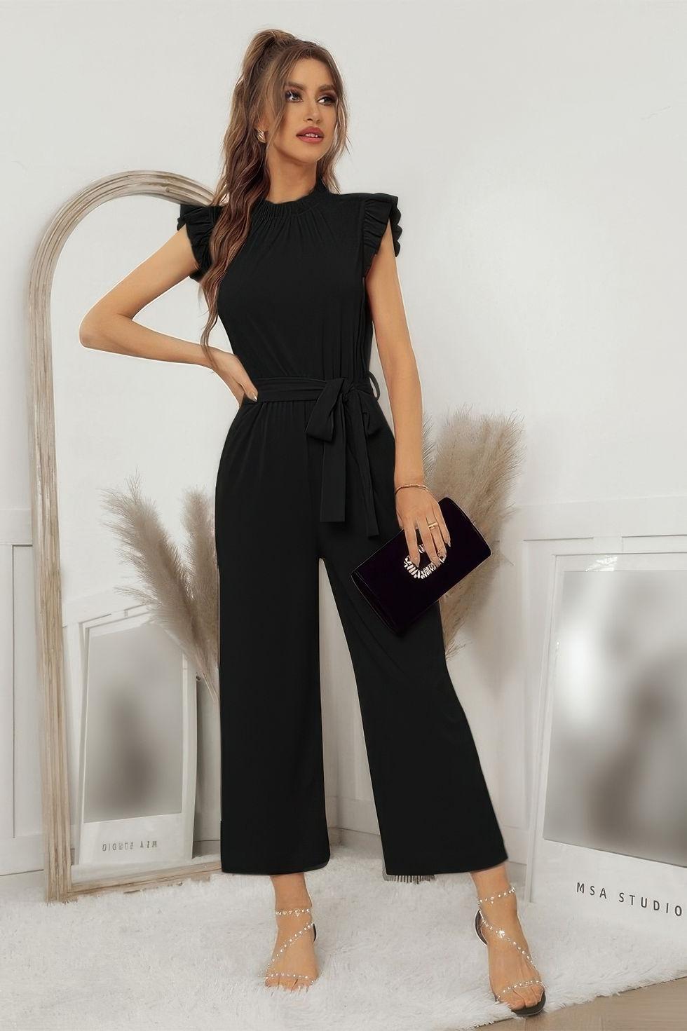Thumbnail: Mock Neck Sleeveless Ruffle Jumpsuit