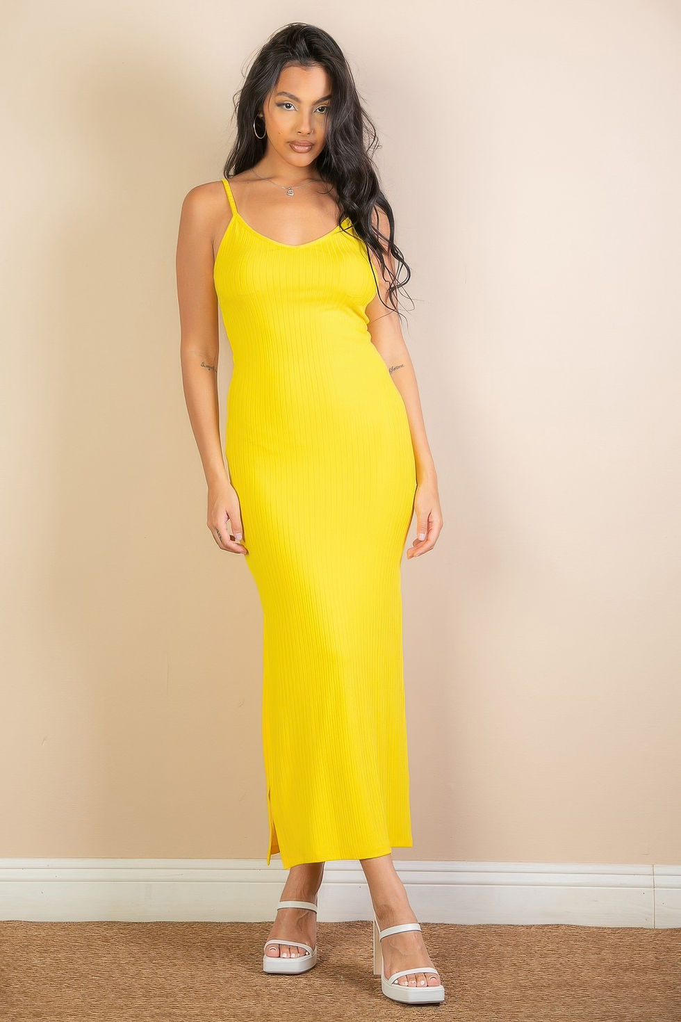 Thumbnail: Ribbed Side Slit Long Cami Dress