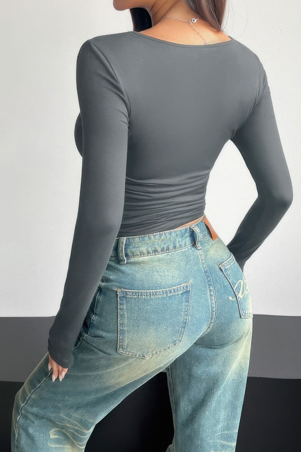 Thumbnail: Plain Ruched Square Neck Slim T Shirt