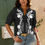 Thumbnail: V Neck Boho Puff Short Sleeve Button Down Shirt