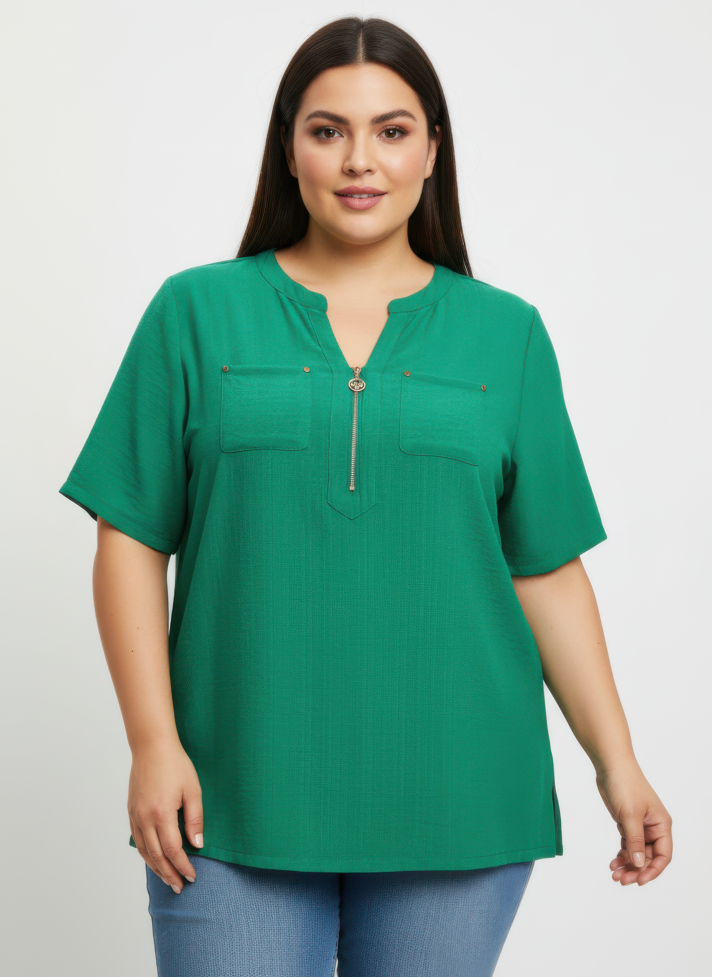Zip-front Utility Pocket Knit Top