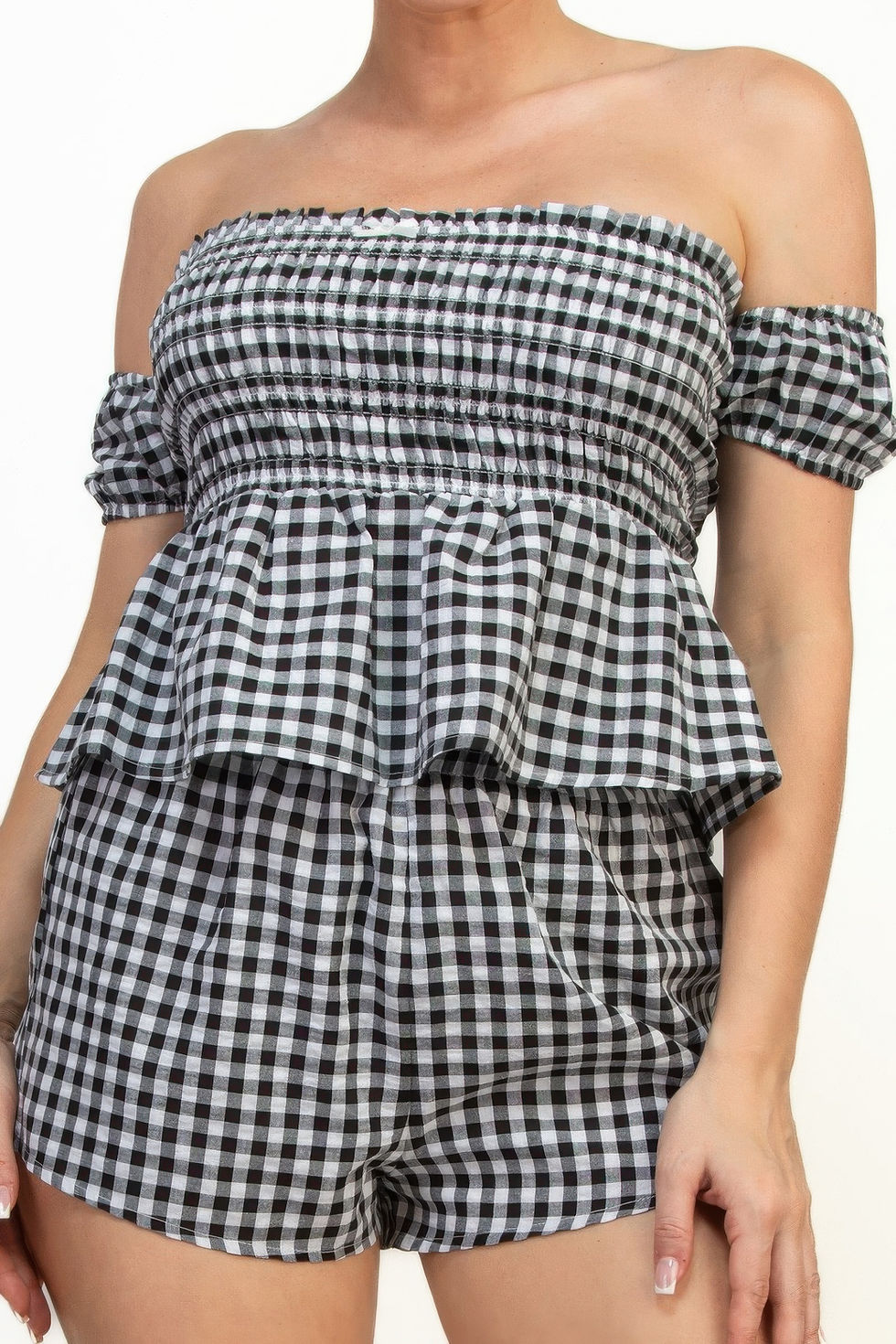 Thumbnail: Off-shoulder Smock Gingham Top & Mini Short Sets