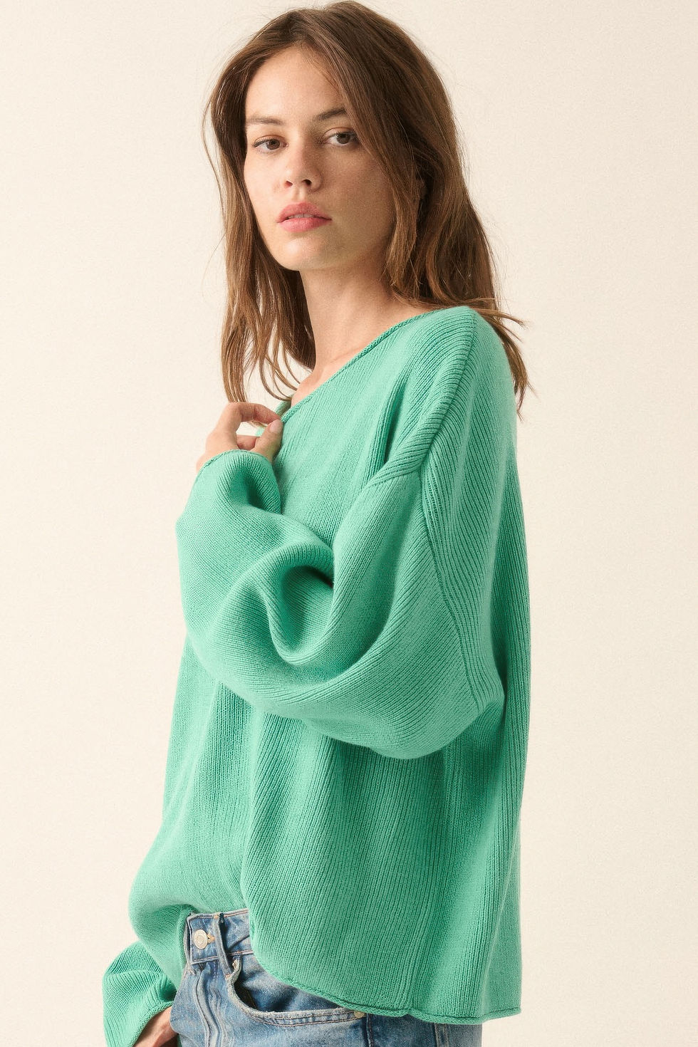 Thumbnail: Solid Rib-knit Oversized Boatneck Sweater         
