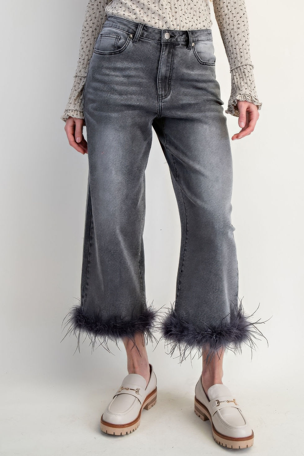 Fur Bottom Hem Washed Stretch Denim Pants