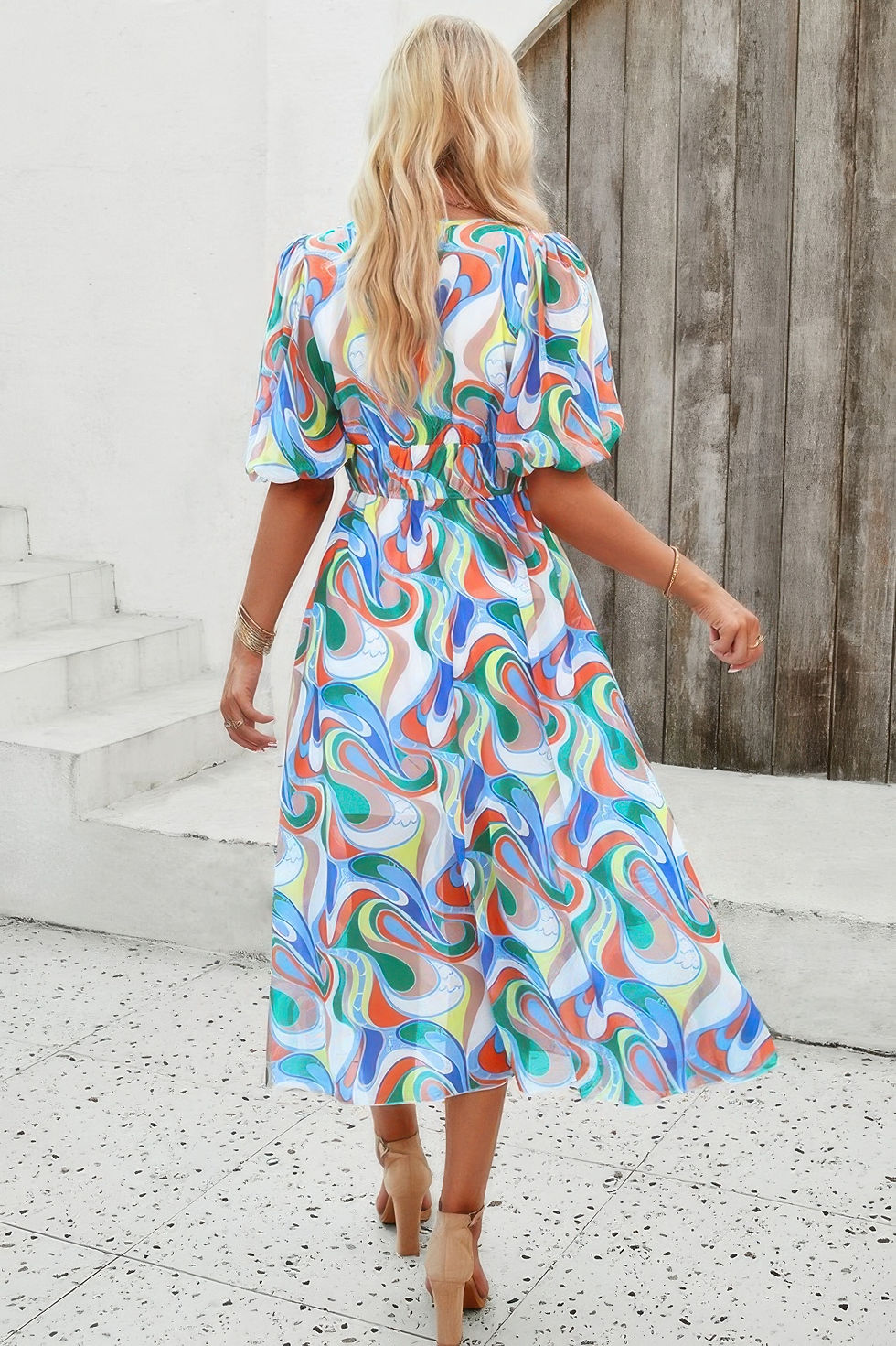 Thumbnail: Floral V Neck Puffed Sleeve High Waist Dress