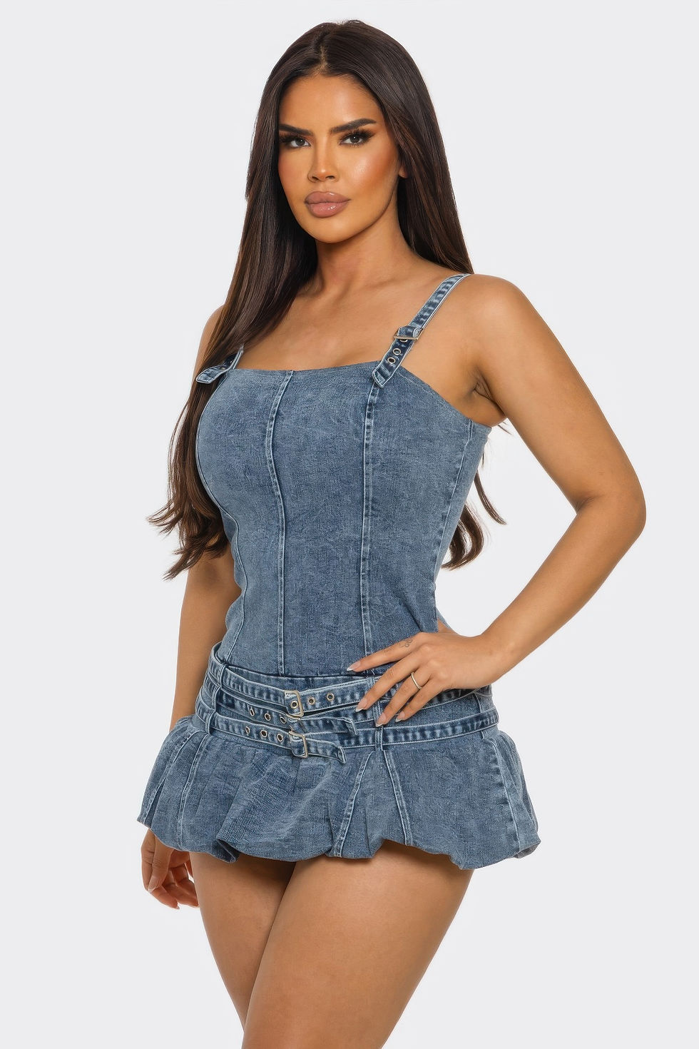 Thumbnail: Belted Denim Mini Romper Dress