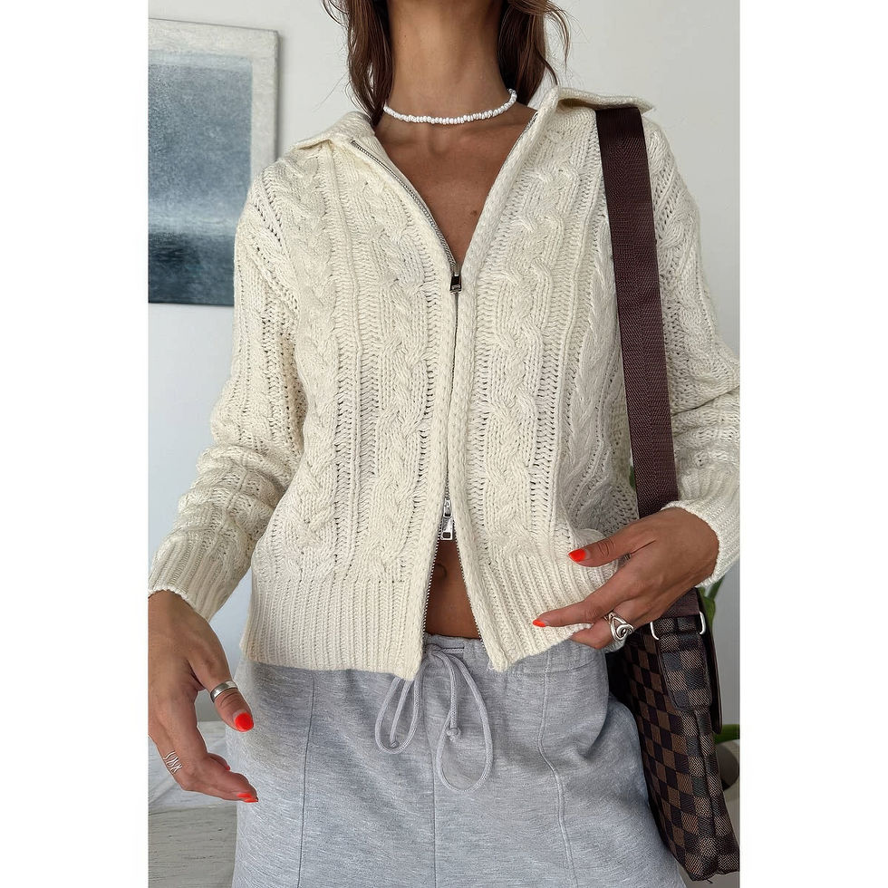 Thumbnail: Solid Cable Knit Drop Shoulder Zipper Cardigan