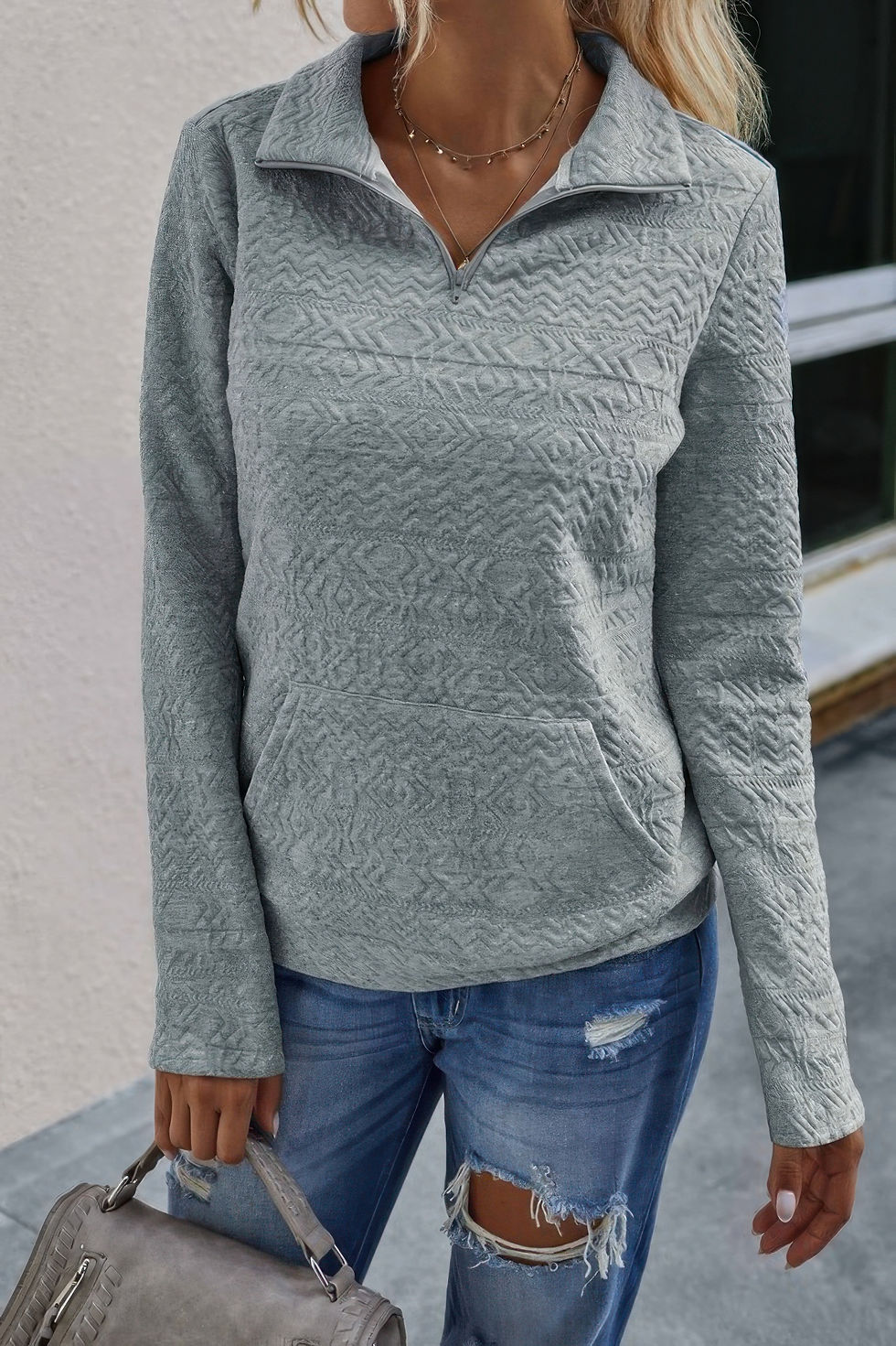 Thumbnail: Half Zip Textured Solid Long Sleeve Pullover