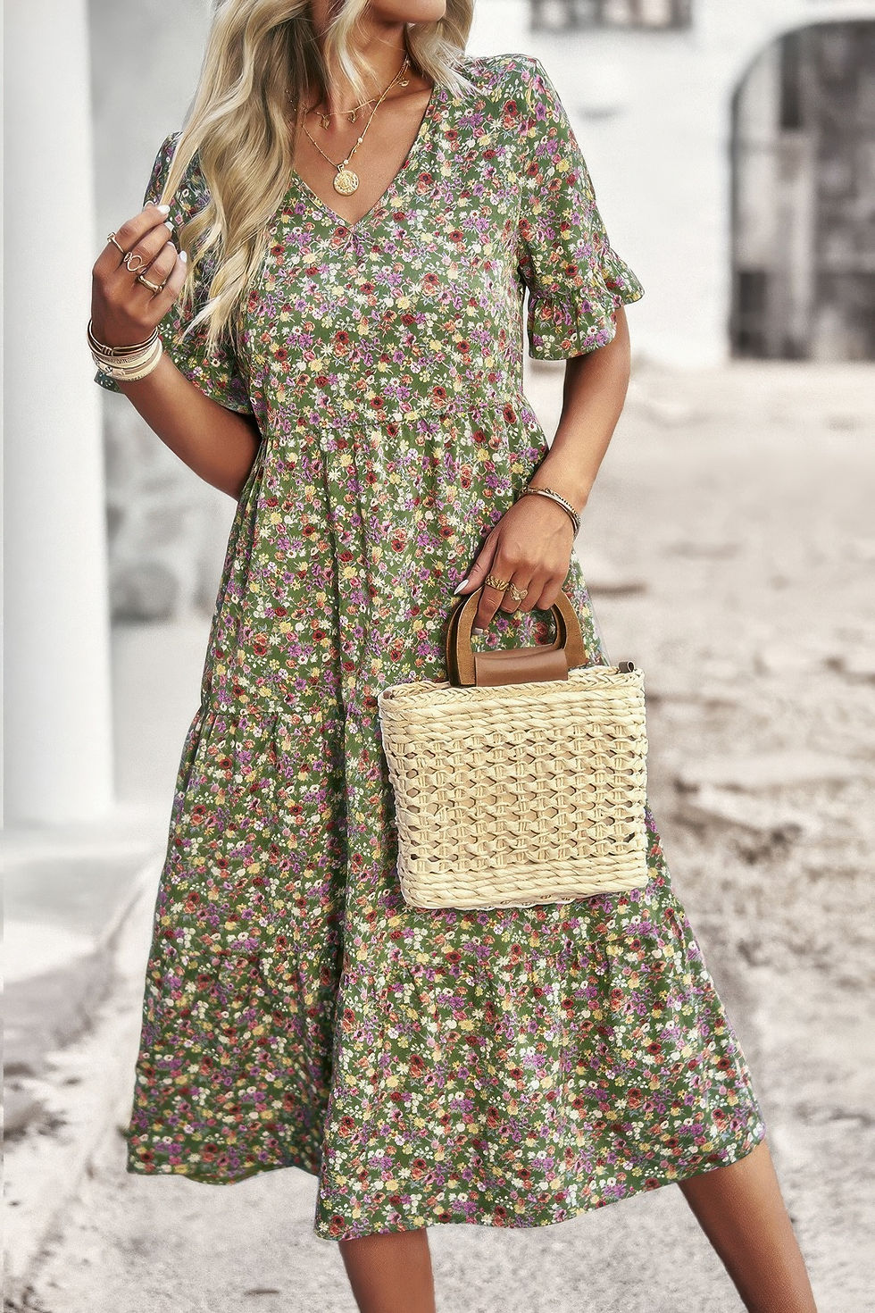 Thumbnail: Boho Floral Ruffle Hem V Neck Short Sleeve Dress