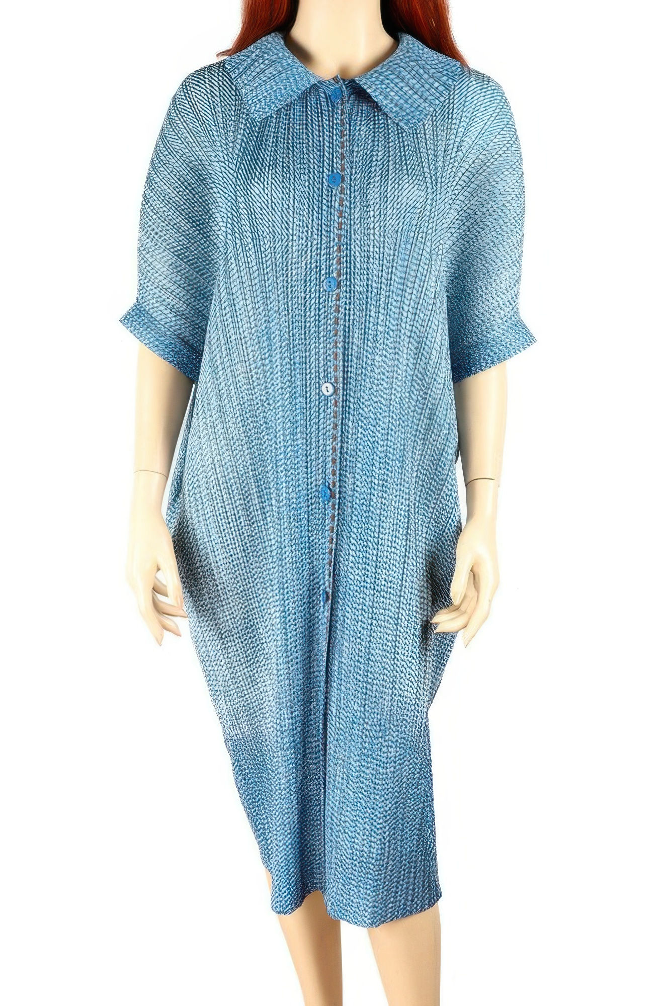 Pleated Lapel Button-up Blue Midi Shirtdress