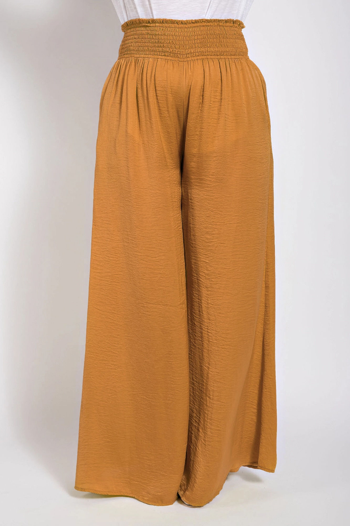 Washed Satin Wide Pants With Waist Smocked