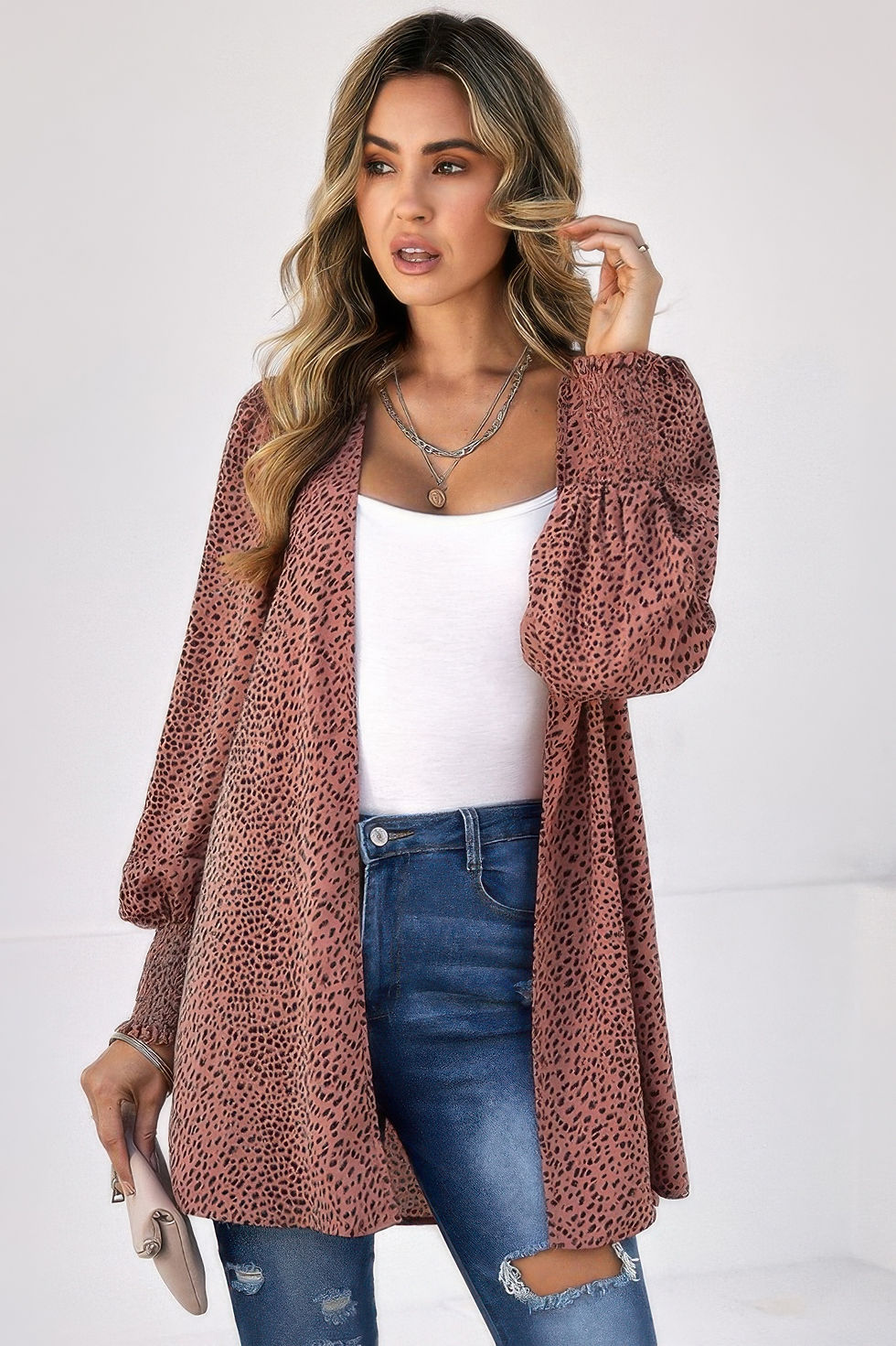 Thumbnail: Allover Print Shirred Cuff Lantern Sleeve Kimono