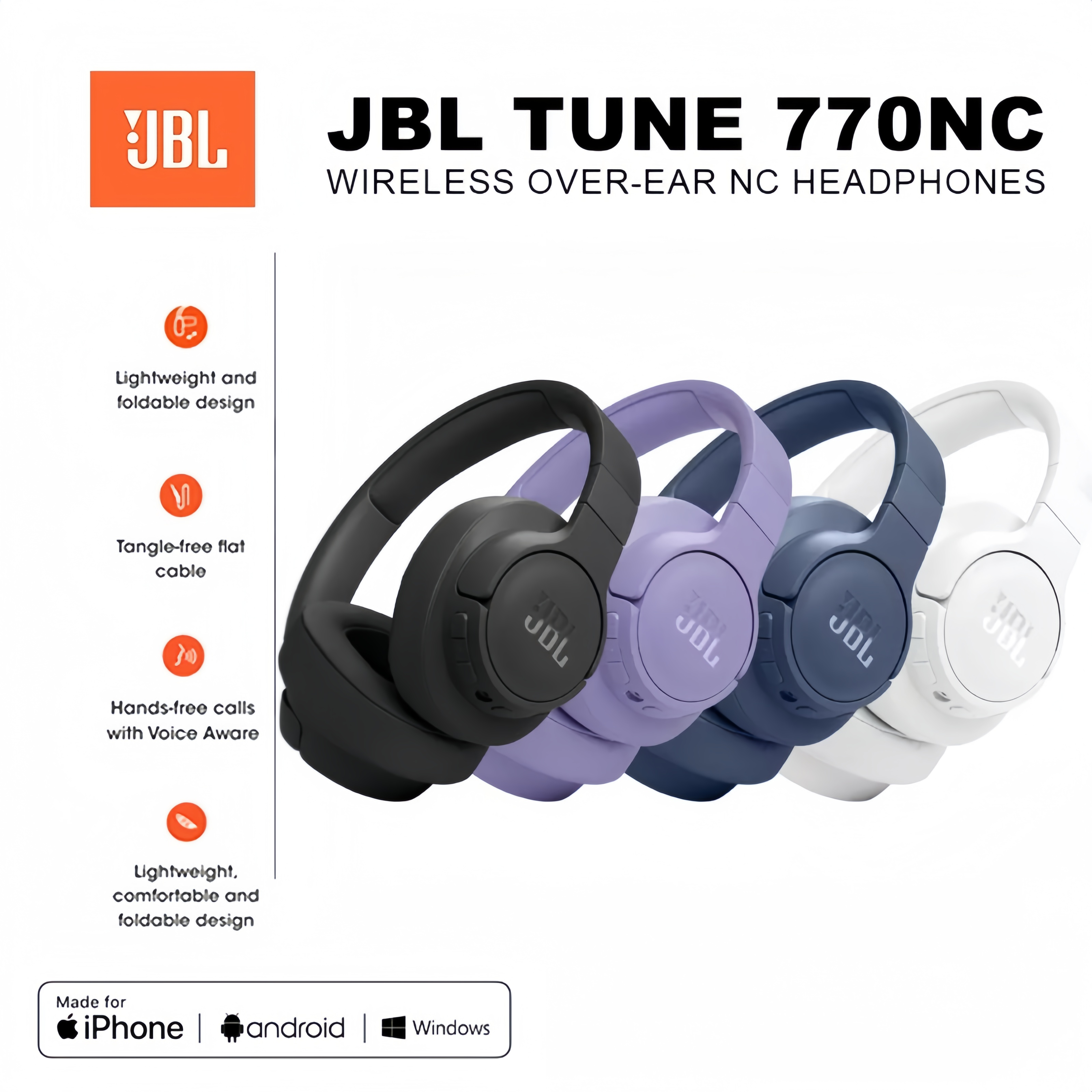 JBL Tune 770NC Wireless Bluetooth Headphones Noise Cancelling Earphone Music Spo