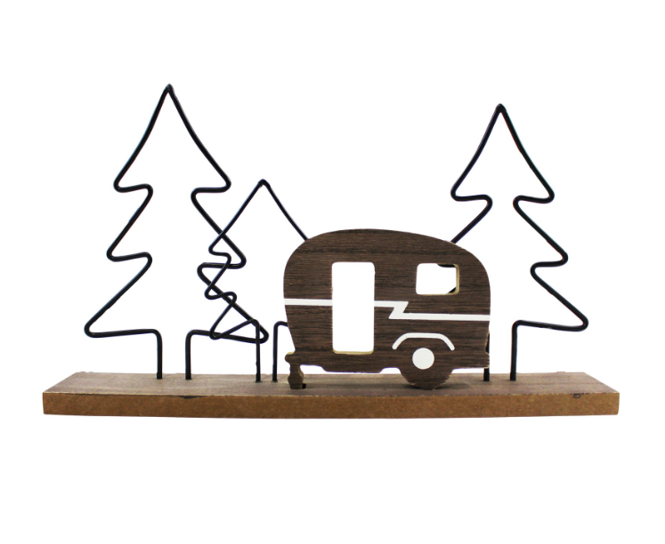 METAL CAMPER WITH TREES TABLE TOPPER