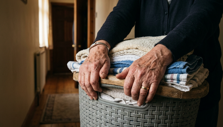 Close-up view of hands gripping a laundry basket in a softly lit hallway.