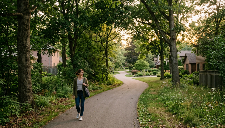 Wide-angle view of a woman walking alone on a quiet neighborhood path
