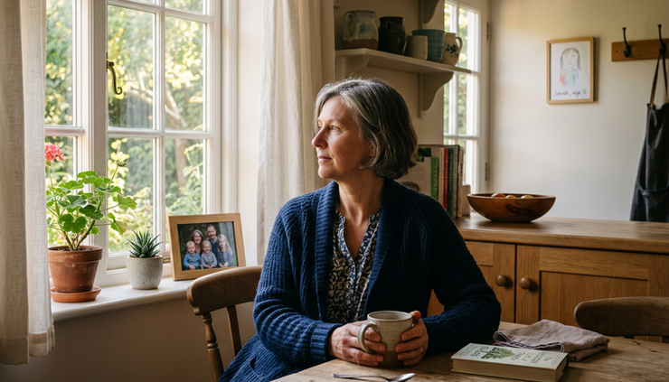 Eye-level view of a woman in her late 50s sitting with tea near a quiet window